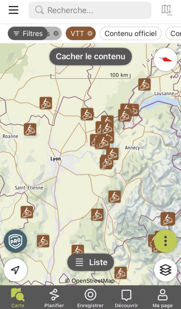 capture écran application outdooractive carte chemin vtt