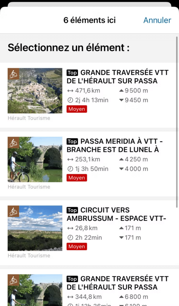 caputre écran parcours vtt outdooractive sur application